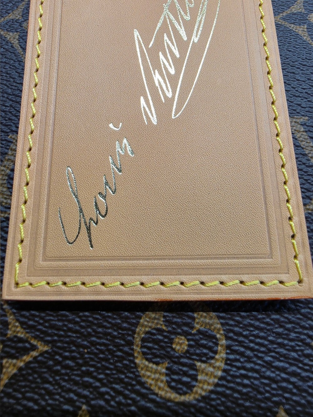 Louis Vuitton Tan Leather Signature Luggage Tag Name Tag with Yellow Stitching - Picture 2 of 10